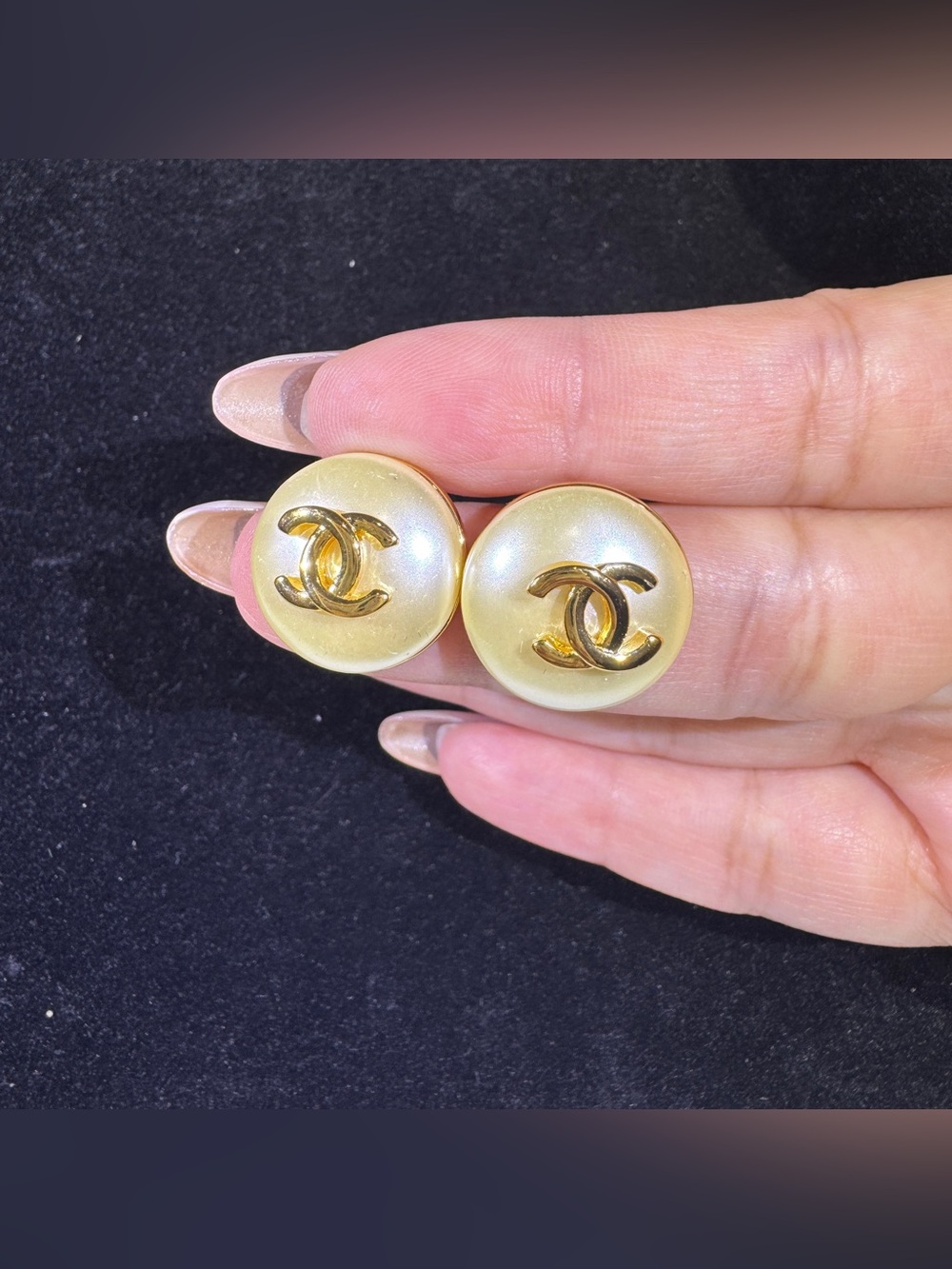 S925 Posts Faux Pearl Gold Interlocking C Button Stud Earrings
